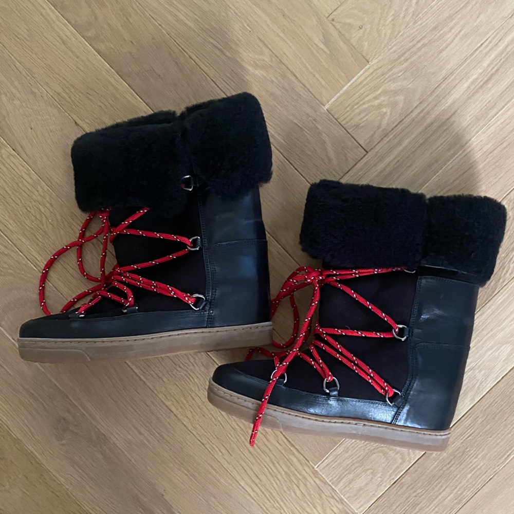 Isabel Marant Black Leather Shearling-Trim Boots with Red Laces